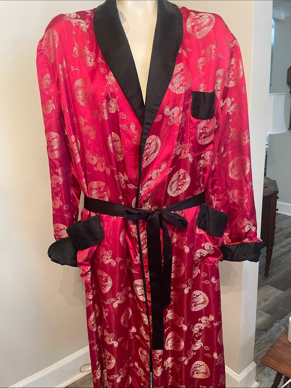 Silk-Feel Red Men's Kimono Robe with Black Trim